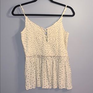 Beige with dark blue polka dot top